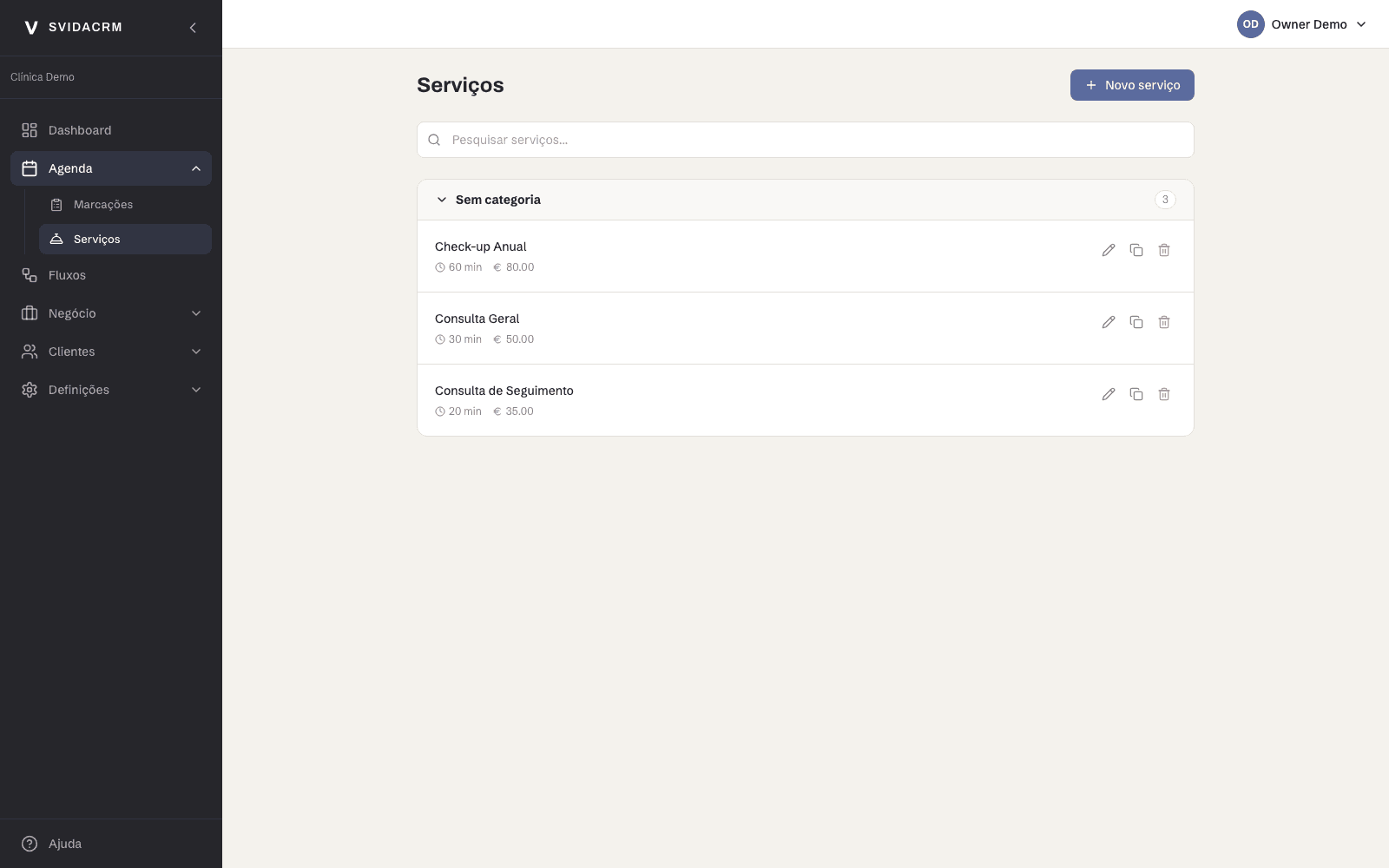 Svida CRM services catalogue with pricing and duration